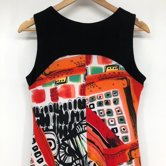 Libra Bright Orange and black abstract geometric print sleeveless midi dress Med - Picture 6 of 14